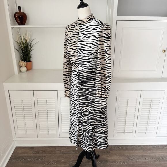 A.L.C. Black Beige Silk Kennedy Tiger-Printed Shift Midi Dress Size 4 - Picture 4 of 9